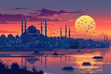 Wall Mural - Landscape at the sunset of Istanbul, Turkey - mosque, bosphorus
