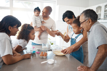 Poster - People, family and learning in kitchen for baking, development and bonding for motor skills. Children, grandparents and playful in home, teaching and growth with happiness, joy and creative ability