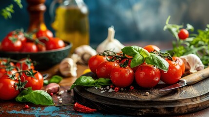 Wall Mural - Fresh Tomatoes on a Rustic Wooden Board