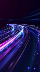 Canvas Print - The image showcases dynamic and flowing digital light trails in shades of blue and purple, curving elegantly through the frame against a sleek dark background.