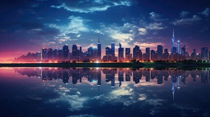 Wall Mural - gorgeous night view of city skyline with picturesque reflections and sky. night city lights. urban c