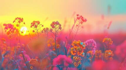 Wall Mural - A picturesque scene of a field filled with flowers as the sun sets in the background