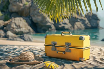 Poster - A serene beachside setting showcases a yellow suitcase, a sun hat, and a seashell on sand, framed by palm leaves, evoking a tranquil vacation vibe.