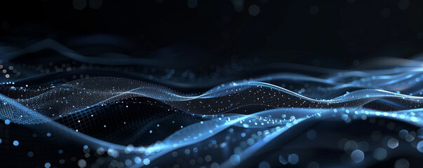 Fototapete - Wave line of moving particles over a dark, abstract vector background with a fluid array of shiny, curved shapes. Future technology relaxing wallpaper with 3D dots on mesh