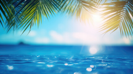 Defocused bokeh blue sea landscape background with sunny bokeh and palm leaves, generative ai