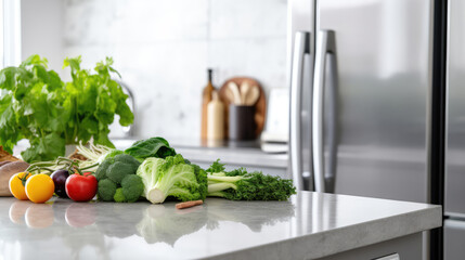 Wall Mural - Eco-Friendly Reusable Grocery Tote with Assorted Farm-Fresh Vegetables on Marble Countertop in Modern Kitchen., generative ai