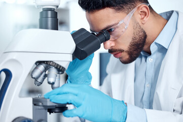 Aufkleber - Man, microscope and research analysis in laboratory, biochemist and innovation healthcare study with virus sample. Investigation, cure development and breakthrough, medical and bacteria cultures