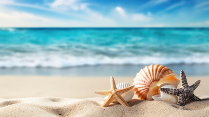 Tropical beach with sea shells on sand, summer holiday background with copy space. Travel and beach vacation., generative ai