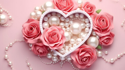 Wall Mural - Happy Valentine's Day. estive background with heart from roses and pearls, open gift box. Holiday wedding. Happy birthday. F Romantic banner, web poster., generative ai