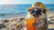 © Alief Shop - hedgehog is on summer vacation at seaside resort and relaxing on summer beach, holding drink