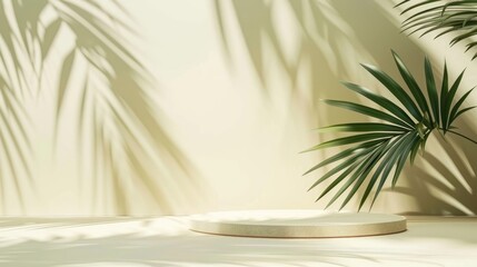 Poster - Green background with palm leaf shadow for cosmetic product presentation on beige geometric backdrop Product podium for beauty and natural eco cosmetics