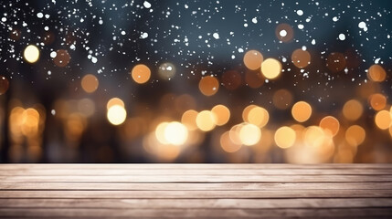Wall Mural - Empty wood table top on street banner background with snowfall and bokeh cafe restaurant in night winter background, for display or montage your products., generative ai