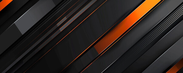 Fototapete - Wide horizontal banner in black with orange and gray lines. Abstract horizontal dark modern athletic geometric background. a vector-based image