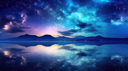 Wall Mural - Milky Way over the sea. Beautiful night panoramic landscape of nature, Shining stars of the night sky of the milky way are reflected in the lake., generative ai