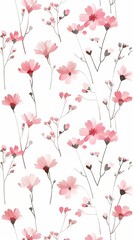 Canvas Print - A seamless pattern showcasing delicate pink flowers and buds against a white backdrop, presenting an elegant and natural design.