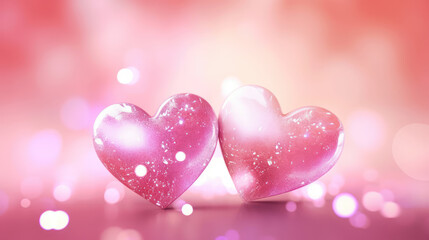 Wall Mural - valentine's day. two hearts on pink glitter in shiny background, bokeh background glitching. romanti