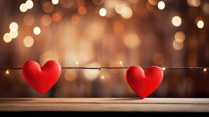 Wall Mural - valentine's day. pair of red hearts. two red hearts on wooden table with bokeh background. romantic 