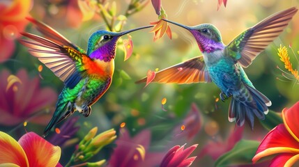 Wall Mural - Two colorful hummingbirds in mid-flight