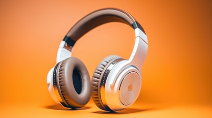 High-quality headphones on a orange background. Banner with copy space. Radio, work with sound, podcasts, generative ai