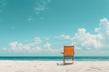 Poster - A wooden chair alone on a tranquil white sandy beach against a backdrop of a bright blue sky dotted with fluffy clouds, evoking a sense of calm and solitude.