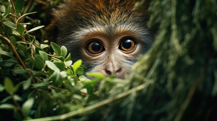 A cute monkey lives in a natural forest. Monkey face close up, generative ai