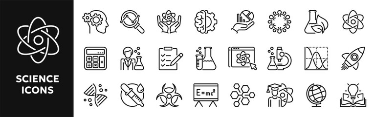Set of vector line icons related to science lab equipment, chemistry and medicine. Symbols for website or app ui, logo design, illustration