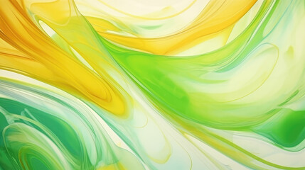 Wall Mural - Abstract green orange liquid paint background. Floral greeting card. Close up glossy texture. Mix color liquid splashes. Digital art, generative ai