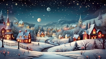 Wall Mural - Christmas magic village in vintage style. Winter rural landscape. Christmas Holidays. Christmas card. digital illustration, generative ai