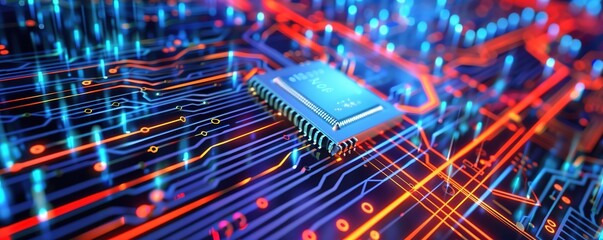 Poster - 3D chip on electronic board with glowing circuits