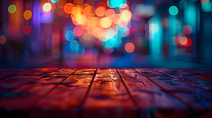 Wall Mural - Empty wooden table with neon light bokeh background, night view, blurred bokeh lights background, generative ai