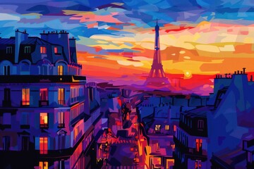 Wall Mural - Vivid artistic illustration of Paris, France with Eiffel Tower at sunset
