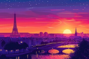 Wall Mural - Landscape at the sunset of Paris, France - Eiffel Tower