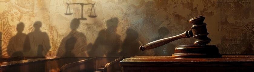 the image shows a gavel resting on a wooden table in a courtroom. behind the table, there are severa