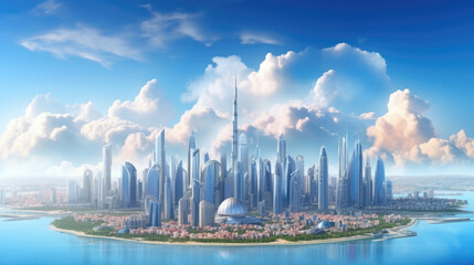 Wall Mural - future city skyline panorama 3d scene. futuristic cityscape creative concept illustration: skyscrape