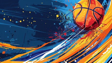 A dynamic close-up of a basketball in motion, surrounded by vibrant blue and orange paint splashes, capturing the energy and motion of the game.