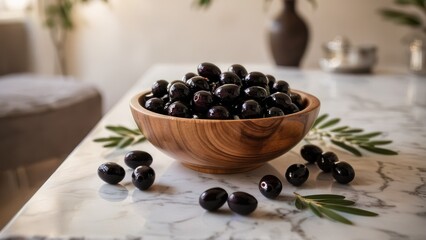 a wooden bowl filled with black olives on top of a white table