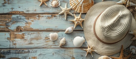 Canvas Print - Hat and shells on wood backdrop: Idea for summer holiday. Ample room for writing