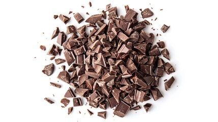 A pile of chocolate pieces on a white surface, perfect for using in food or product photography