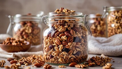 Poster - a glass jar filled with granola and nuts