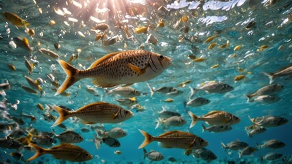 a group of fish swimming in the ocean