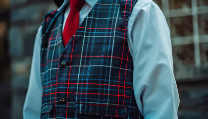 Wall Mural - A man in a blue suit with a red and black plaid tie