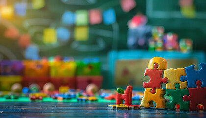 Wall Mural - A child is playing with a jigsaw puzzle, trying to fit a piece into the puzzle