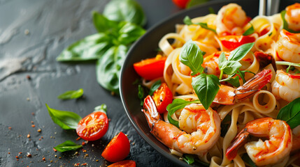 Tagliatelle pasta with prawns in tomato and garlic sauce