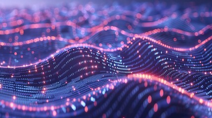 An artistic visualization of glowing data waves with dots and vibrant lines, representing the flow of modern digital information and intricate patterns in a futuristic style.