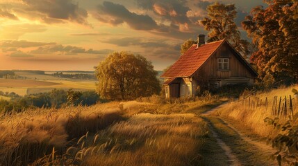 Wall Mural - A small red house sits on a hillside in a field