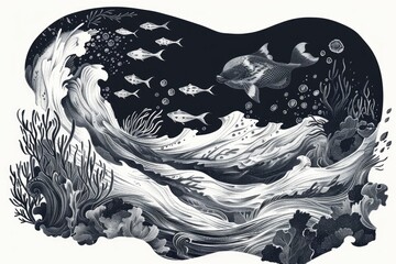 A simple illustration of a wave with a fish swimming inside, in black and white