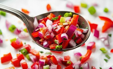 Wall Mural -  Vibrant Salsa in a Spoon, Close-Up Shot with Fresh Produce