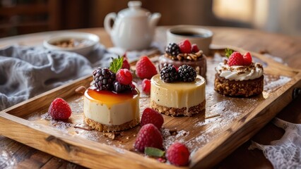 Wall Mural - four desserts on a wooden tray on a table