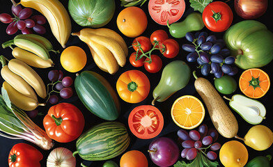 Wall Mural - vegetables and fruits grouped together on a shelf in a store, vegetarian food, vegetarian recipes,	
