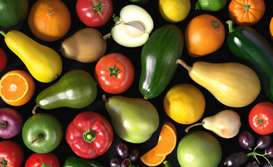 Wall Mural - vegetables and fruits grouped together on a shelf in a store, vegetarian food, vegetarian recipes,	
